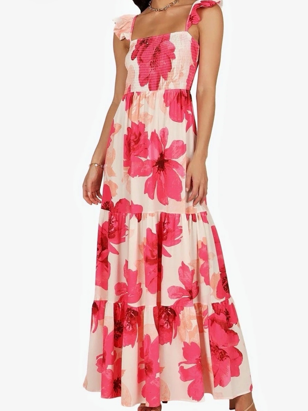Flying Tomato Pink Floral Smocked Ruffle Tiered Maxi Dress